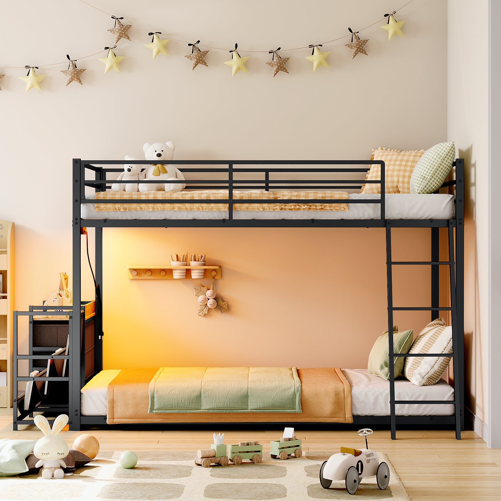 JOYMOR Twin Over Twin Bunk Bed with Storage & Book Shelf