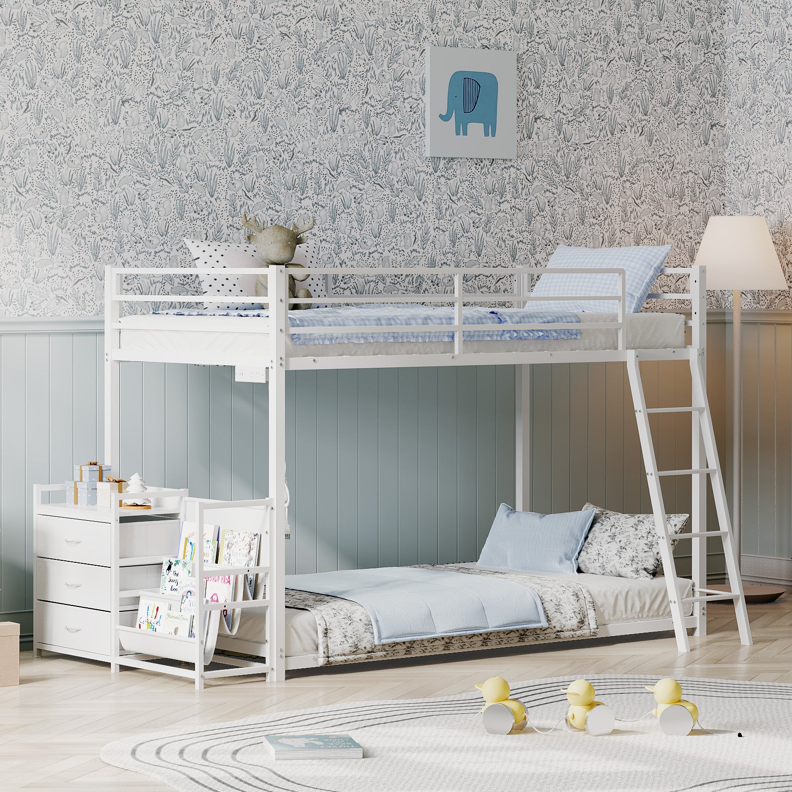 JOYMOR Twin Over Twin Bunk Bed with Storage & Book Shelf