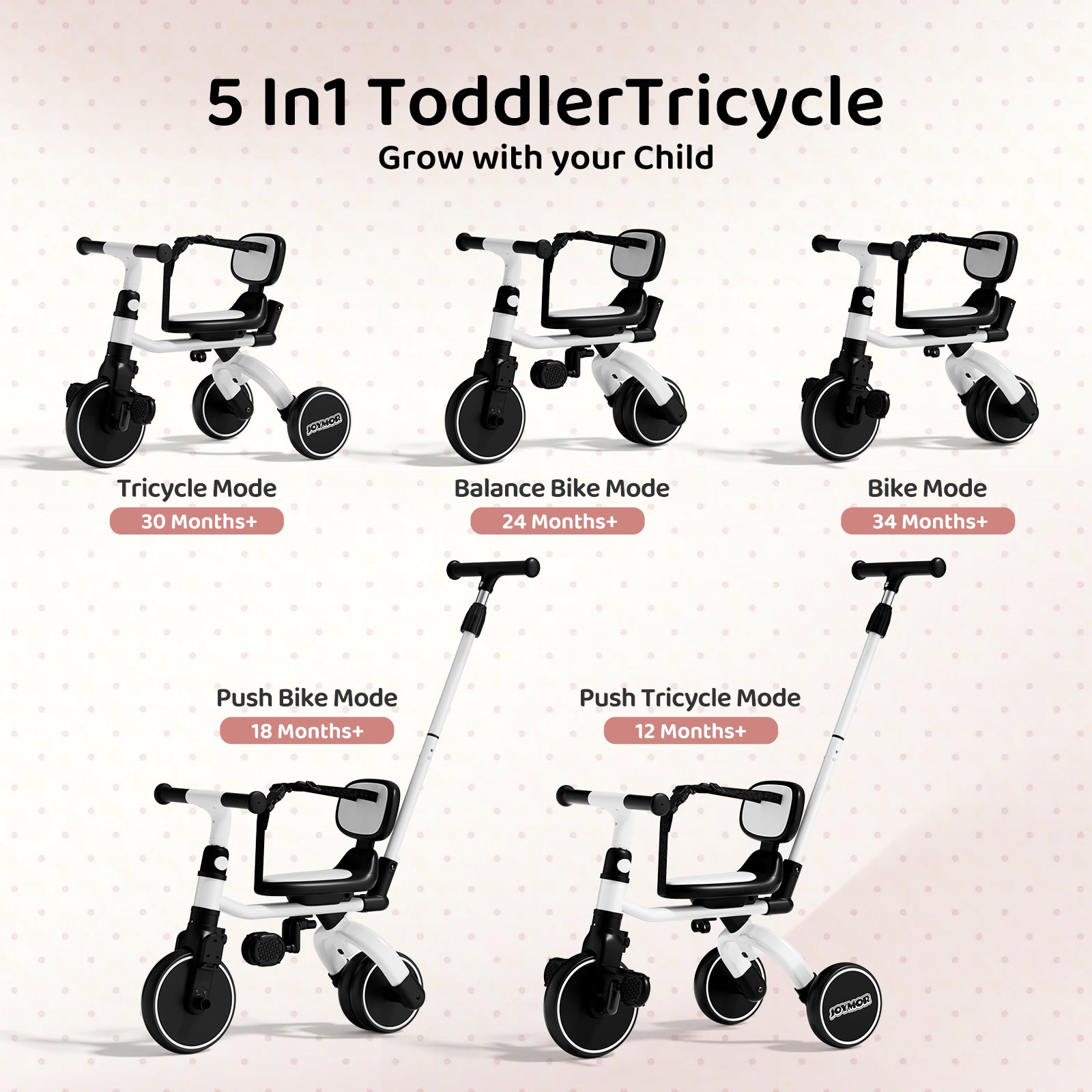 JOYMOR 5 in 1 Tricycle for Toddlers Baby Tricycle with Adjustable Push Handle