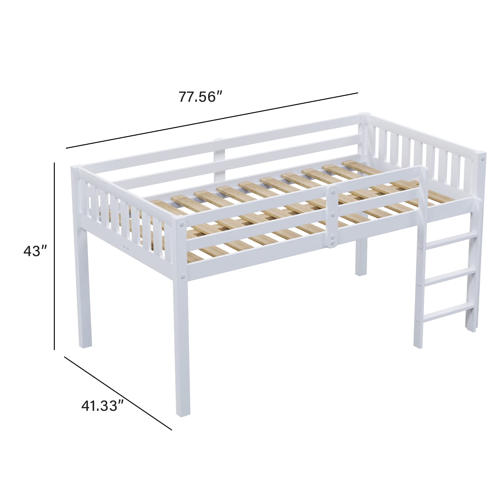 JOYMOR Low Loft Bed Twin Size Full Length Guardrail and Ladder
