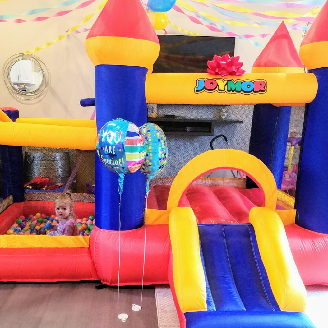 JOYMOR Inflatable Bounce Castle House with Slide & Blower – Backyard Fun