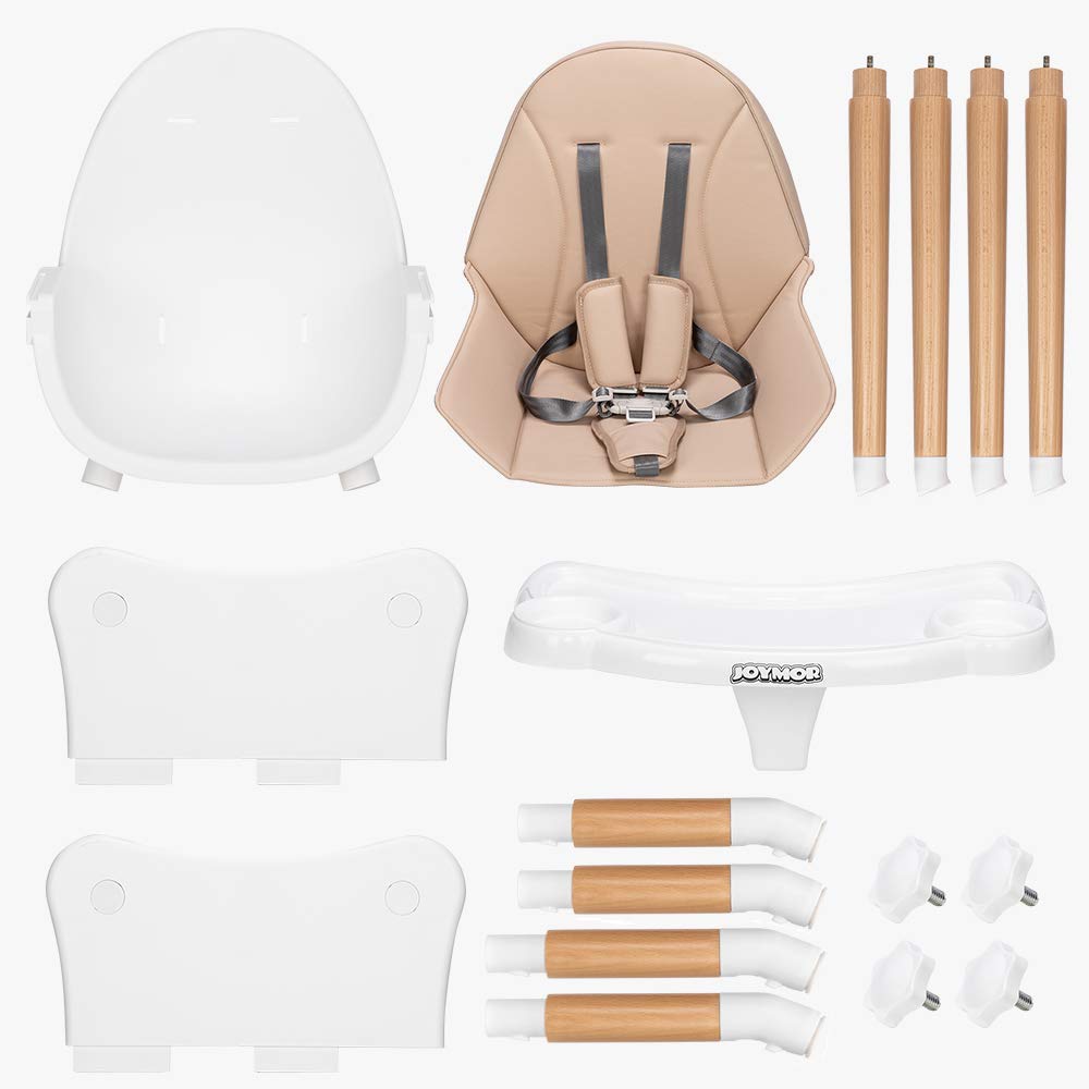 JOYMOR 5-in-1 Wooden Baby High Chair with Leather Seat Cushion