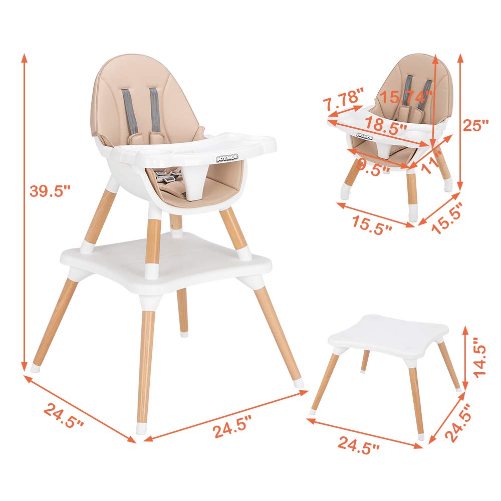 JOYMOR 5-in-1 Wooden Baby High Chair with Leather Seat Cushion