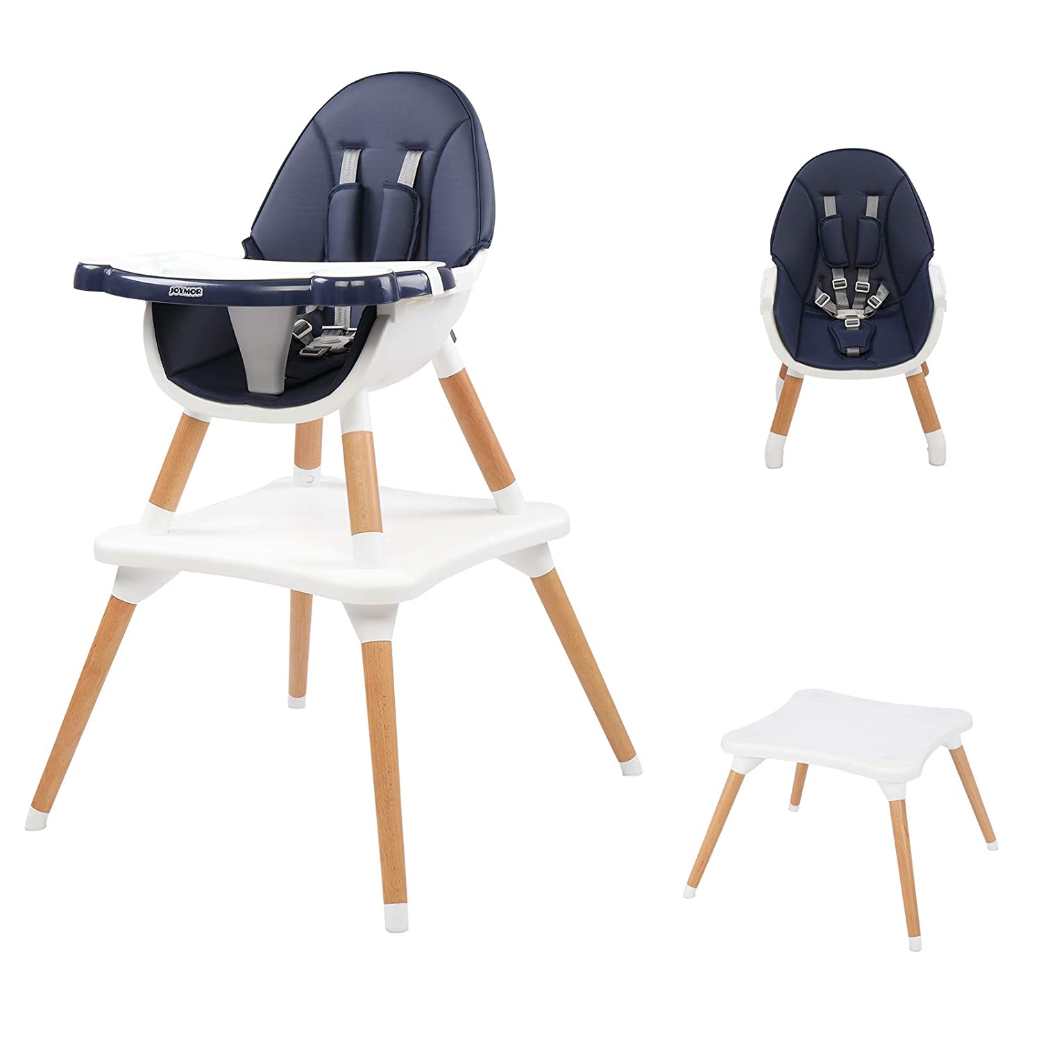 JOYMOR 5-in-1 Wooden Baby High Chair with Leather Seat Cushion