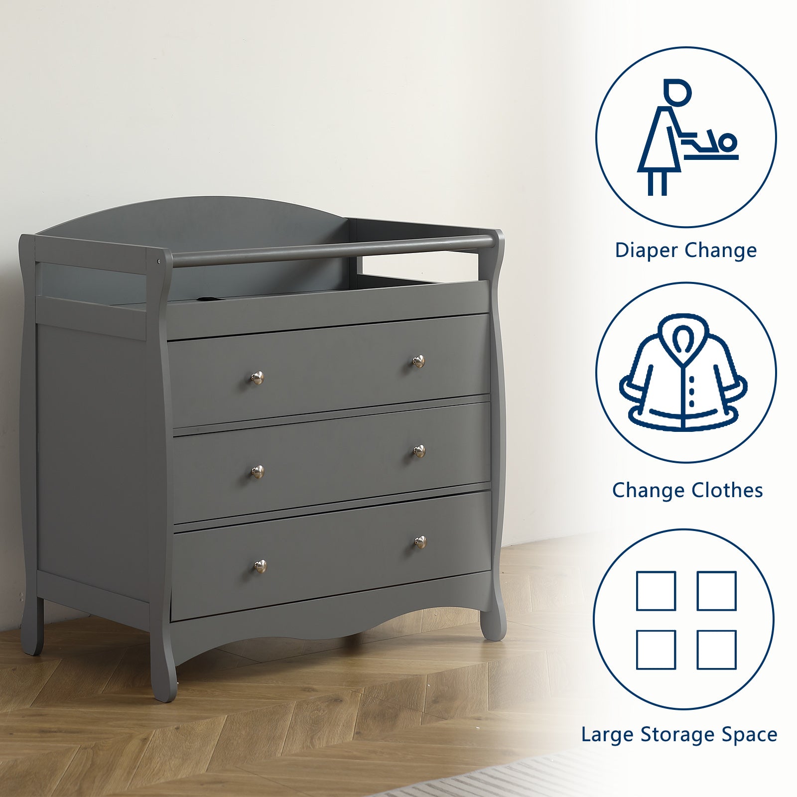JOYMOR Wooden Diaper Changing Table with 3-Drawer Chest Baby Dresser for Nursery, Infant with Safety Strap,Gray